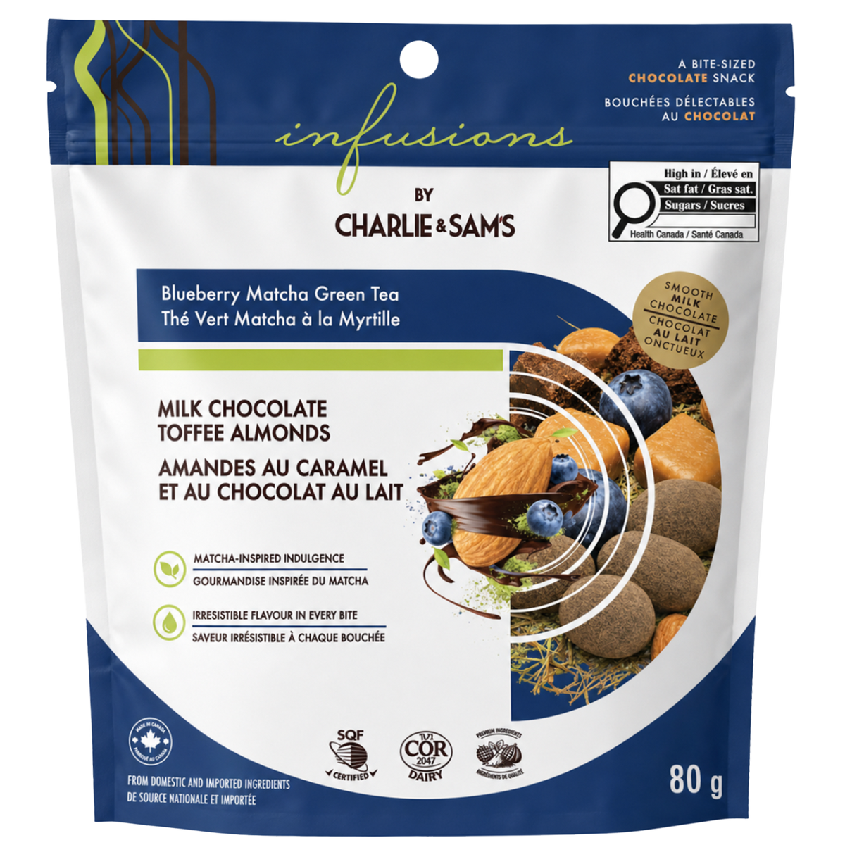 Infusions by Charlie & Sam’s - Blueberry Matcha Green Tea Milk Chocolate Toffee Almonds, 80 g