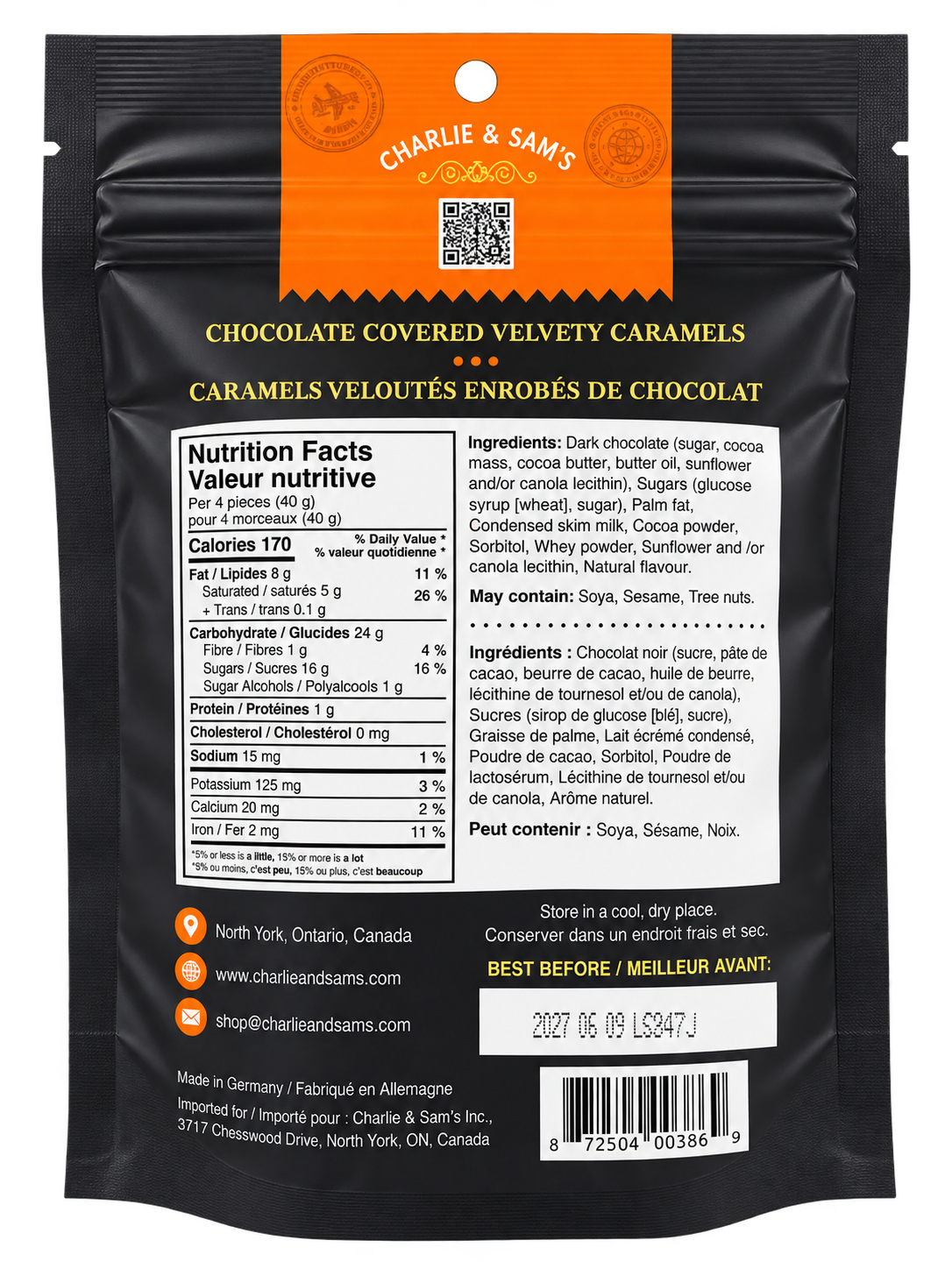 Charlie & Sam’s Chocolate Covered Velvety Caramels 170g