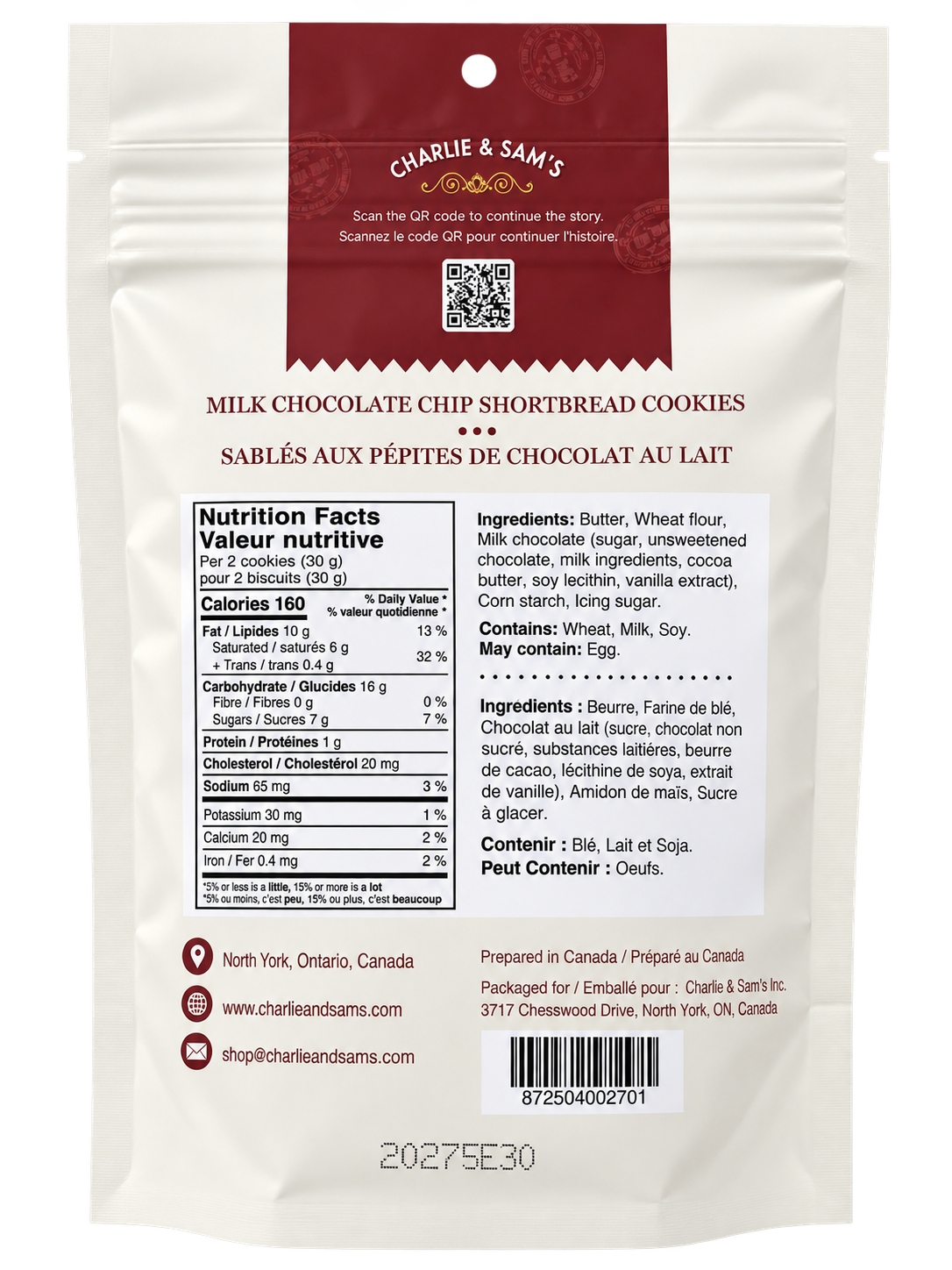 Charlie & Sam’s Milk Chocolate Chip Shortbread Cookies 140g