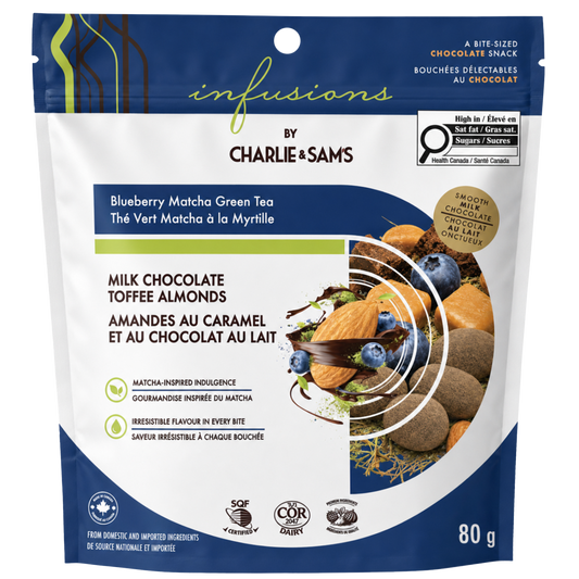 Infusions by Charlie & Sam’s - Blueberry Matcha Green Tea Milk Chocolate Toffee Almonds, 80 g