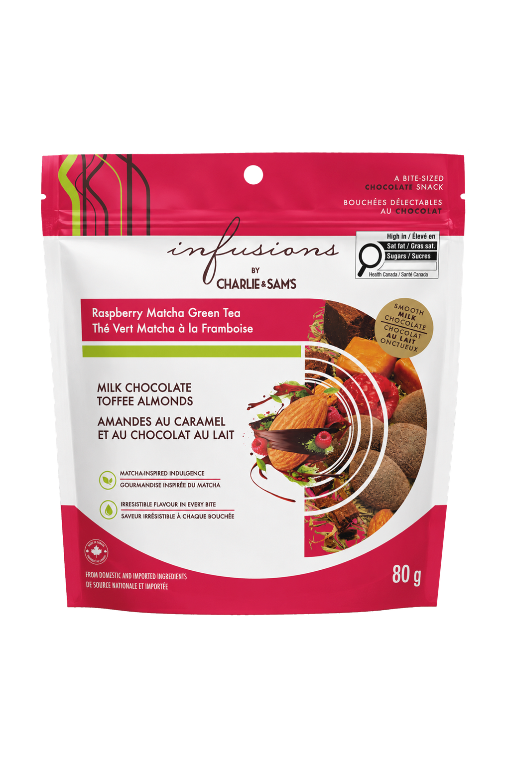 Infusions by Charlie & Sam’s Raspberry Matcha Green Tea Milk Chocolate Toffee Almonds 80g